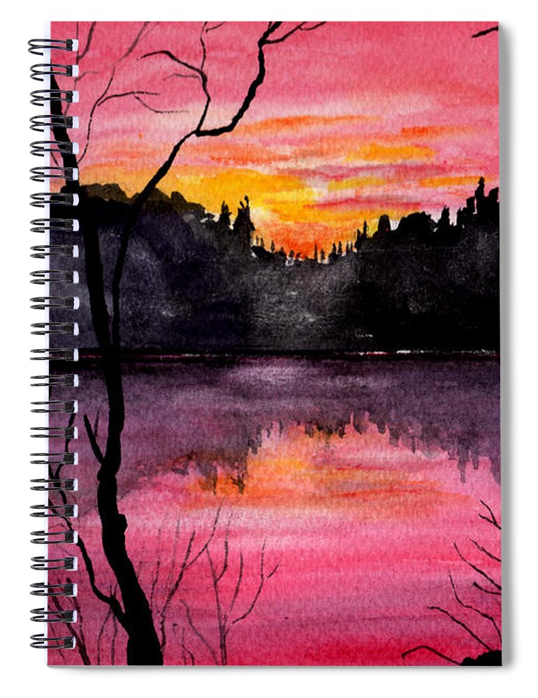 Landscape Spiral Notebook featuring the painting Fire In The Sky  Lake Arrowhead Maine by Brenda Owen
