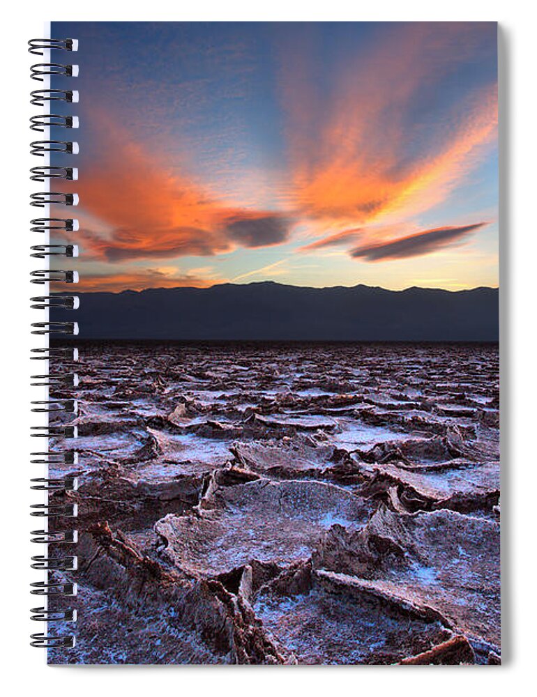 Badwater; Below Sea Level; Death Valley; Landscape; Minus 282; Mud; National Park; Ridges; Salt; Salt Pan; Sunset; Spiral Notebook featuring the photograph Fire in the Sky and Embers Down Below by David Andersen