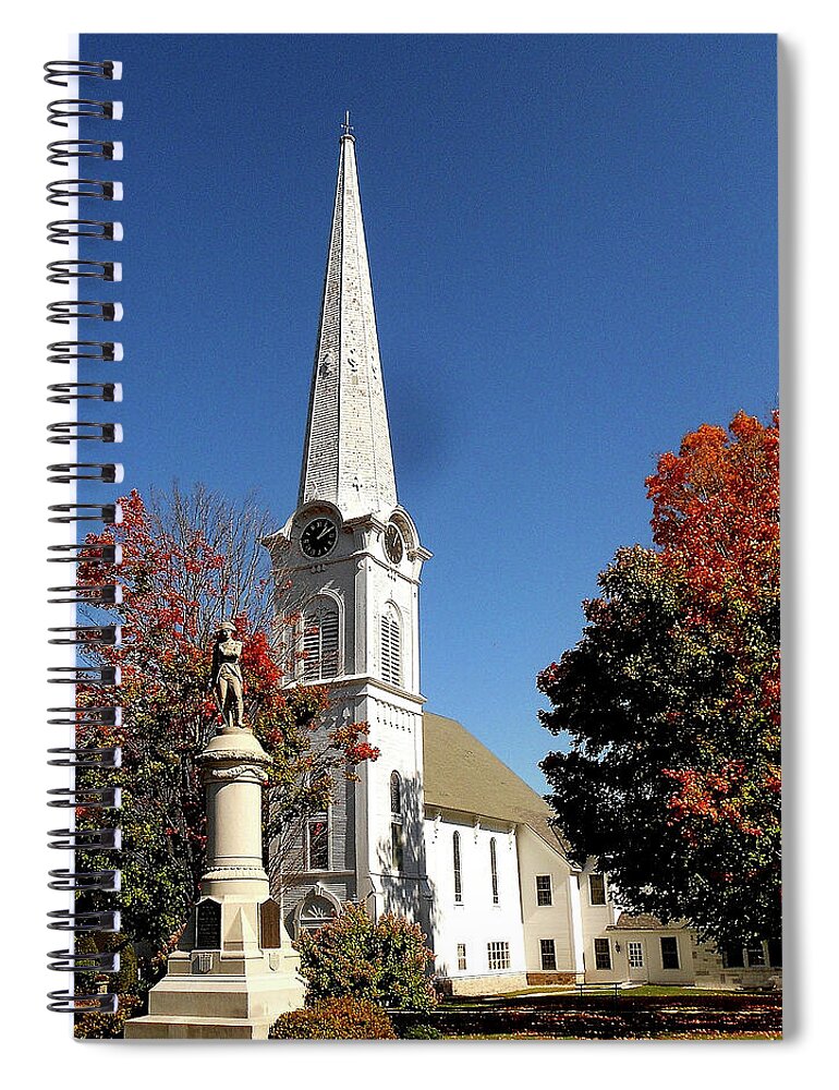 Church In Manchester Spiral Notebook featuring the photograph First Congregational Church and Ethan Allen Revolutionary War Patriot Statue in Manchester Vermont by Linda Stern