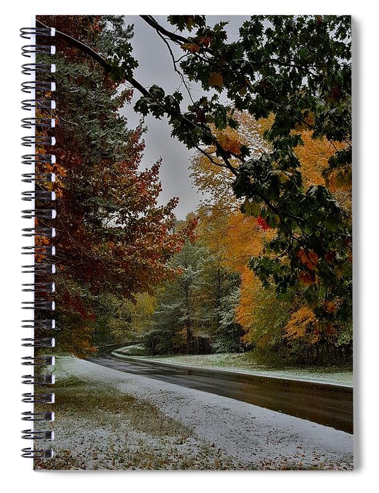 Seasons Spiral Notebook featuring the photograph First Snowfall by Dani McEvoy