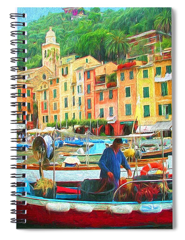Painting Spiral Notebook featuring the painting Fishermen in Portofino by Mitchell R Grosky