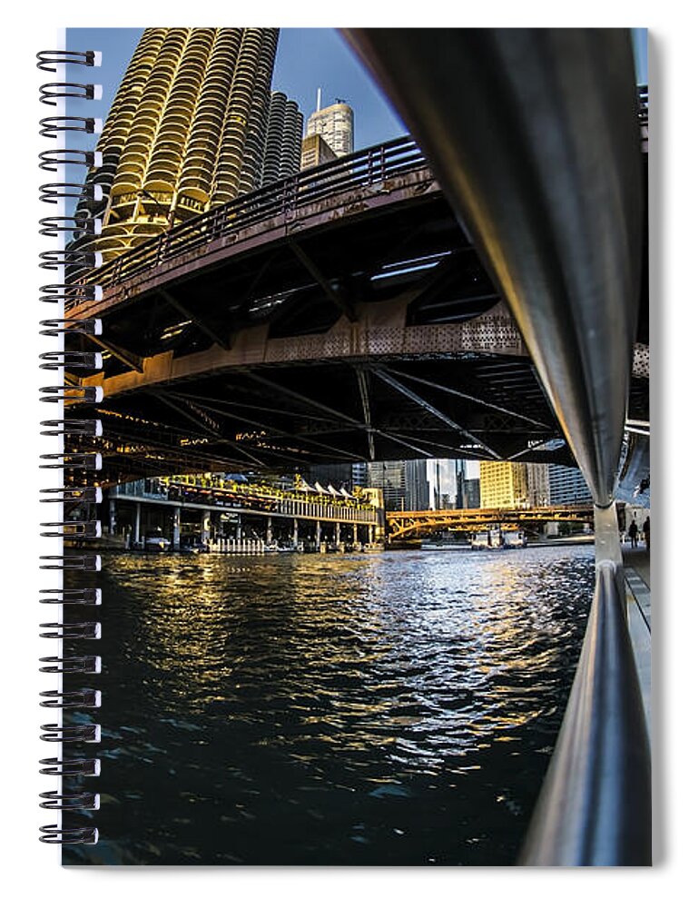 Marina Towers Spiral Notebook featuring the photograph Fisheye view from The Chicago Riverwalk by Sven Brogren