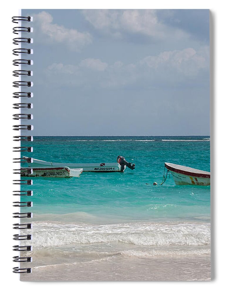 Mexico Quintana Roo Spiral Notebook featuring the digital art Fishing Boats at Tulum Beach by Carol Ailles