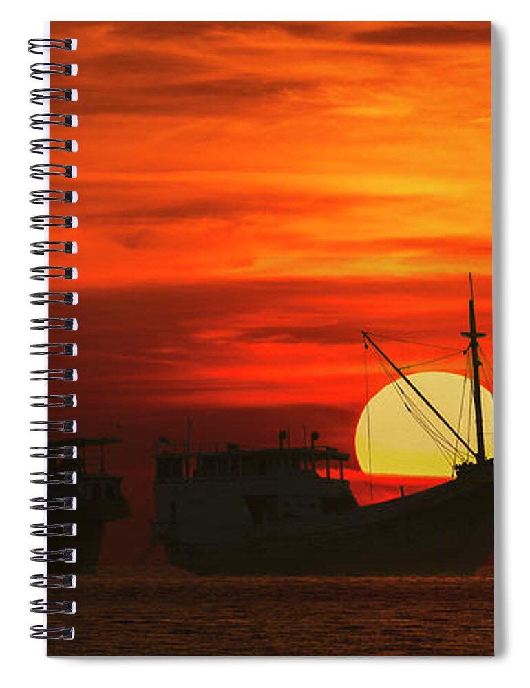 Sun Spiral Notebook featuring the photograph Fishing Boats in sea by Pradeep Raja Prints