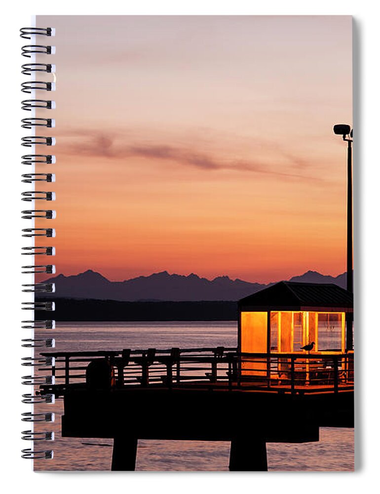 Elliot Bay Spiral Notebook featuring the photograph Fishing Pier on Elliott Bay with Moon and Olympic Mountains by Jim Corwin