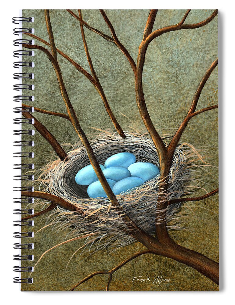 Birds Spiral Notebook featuring the painting Five Blue Eggs by Frank Wilson