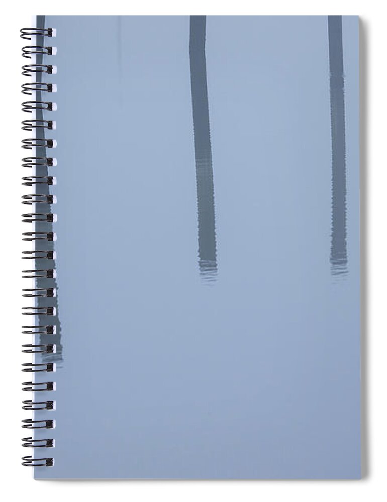 Fog Across The Harbor Spiral Notebook featuring the photograph Five Poles And A Duck by Karol Livote