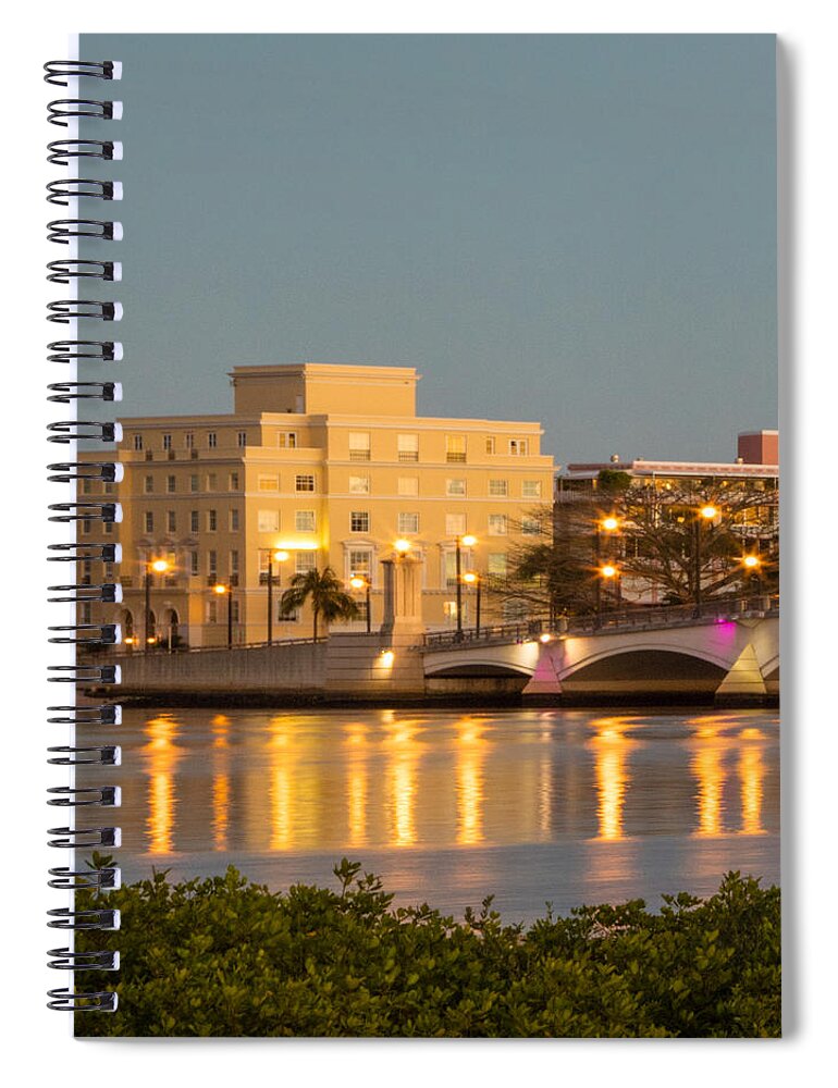 Boats Spiral Notebook featuring the photograph Flagler Bridge in Lights by Debra and Dave Vanderlaan