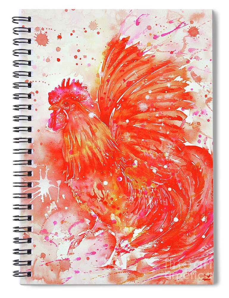 Red Rooster Spiral Notebook featuring the painting Flaming Rooster by Zaira Dzhaubaeva