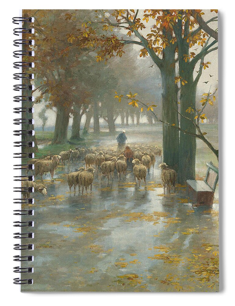 Adolf Kaufmann Spiral Notebook featuring the painting Flock of Sheep with Shepherdess on a Rainy Day by Adolf Kaufmann