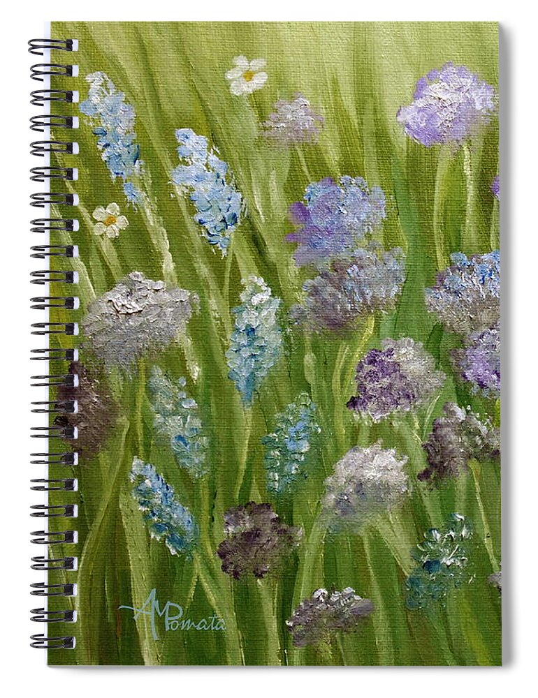 Lilac Spiral Notebook featuring the painting Flowers Field by Angeles M Pomata