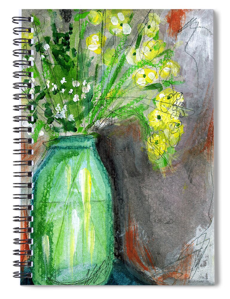 Flowers Spiral Notebook featuring the painting Flowers In A Green Jar- Art by Linda Woods by Linda Woods