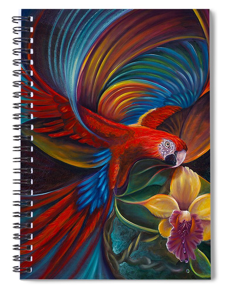 Curvismo Spiral Notebook featuring the painting Flying Macaw by Sherry Strong