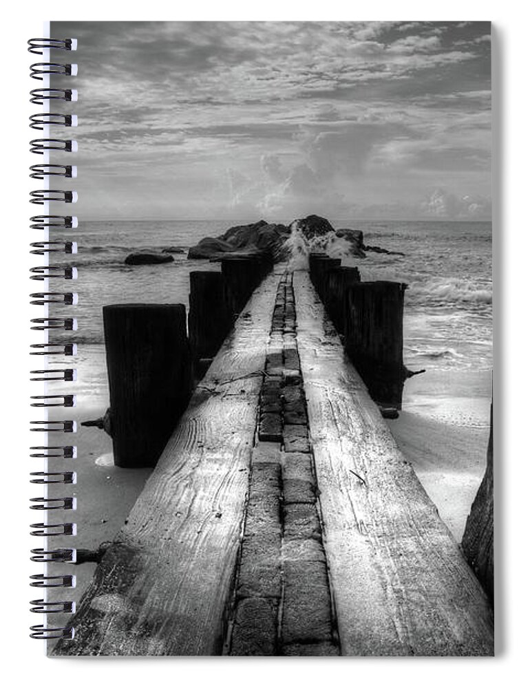 Folly Beach Pilings Spiral Notebook featuring the photograph Folly Beach Pilings Charleston South Carolina In Black and White by Carol Montoya