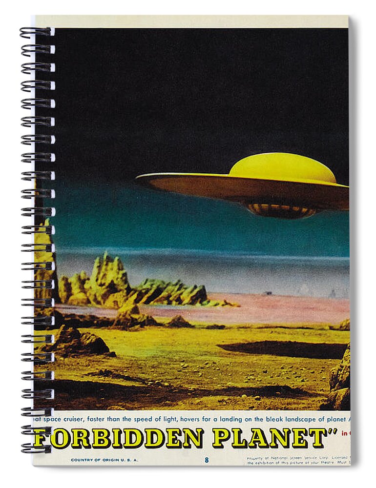 Forbidden Planet Spiral Notebook featuring the painting Forbidden Planet in CinemaScope retro classic movie poster detailing flying saucer by Vintage Collectables