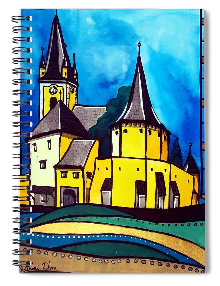 Medieval Spiral Notebook featuring the painting Fortified Medieval Church in Transylvania by Dora Hathazi Mendes by Dora Hathazi Mendes
