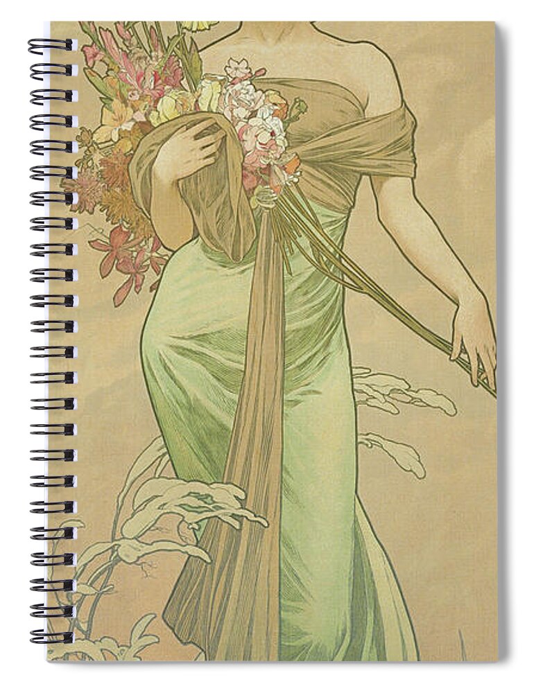 Spring Spiral Notebook featuring the painting Four Seasons Spring, 1900 by Alphonse Marie Mucha