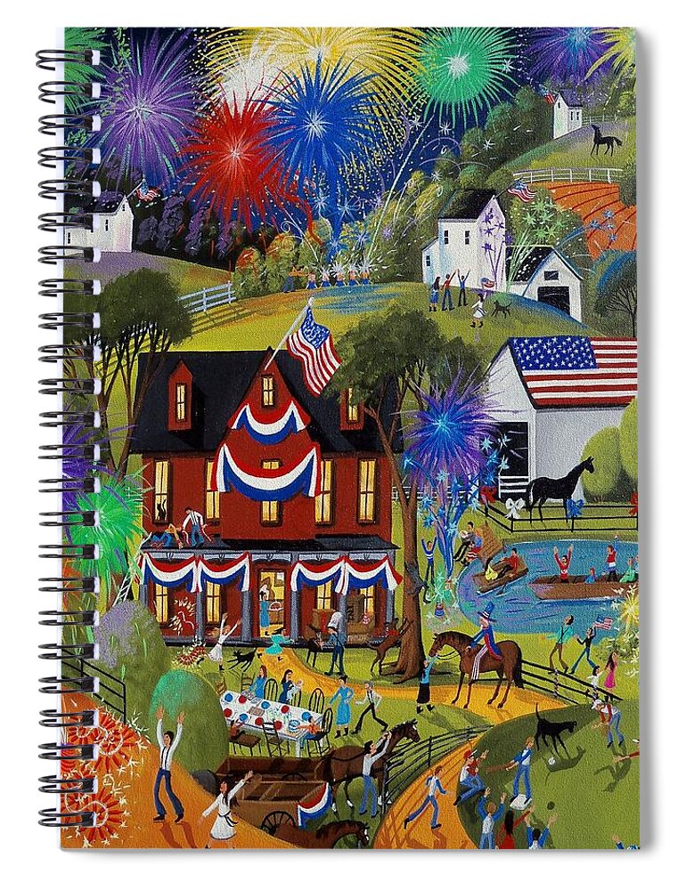 Farm Spiral Notebook featuring the painting Fourth Of July - Fireworks on the farm by Debbie Criswell