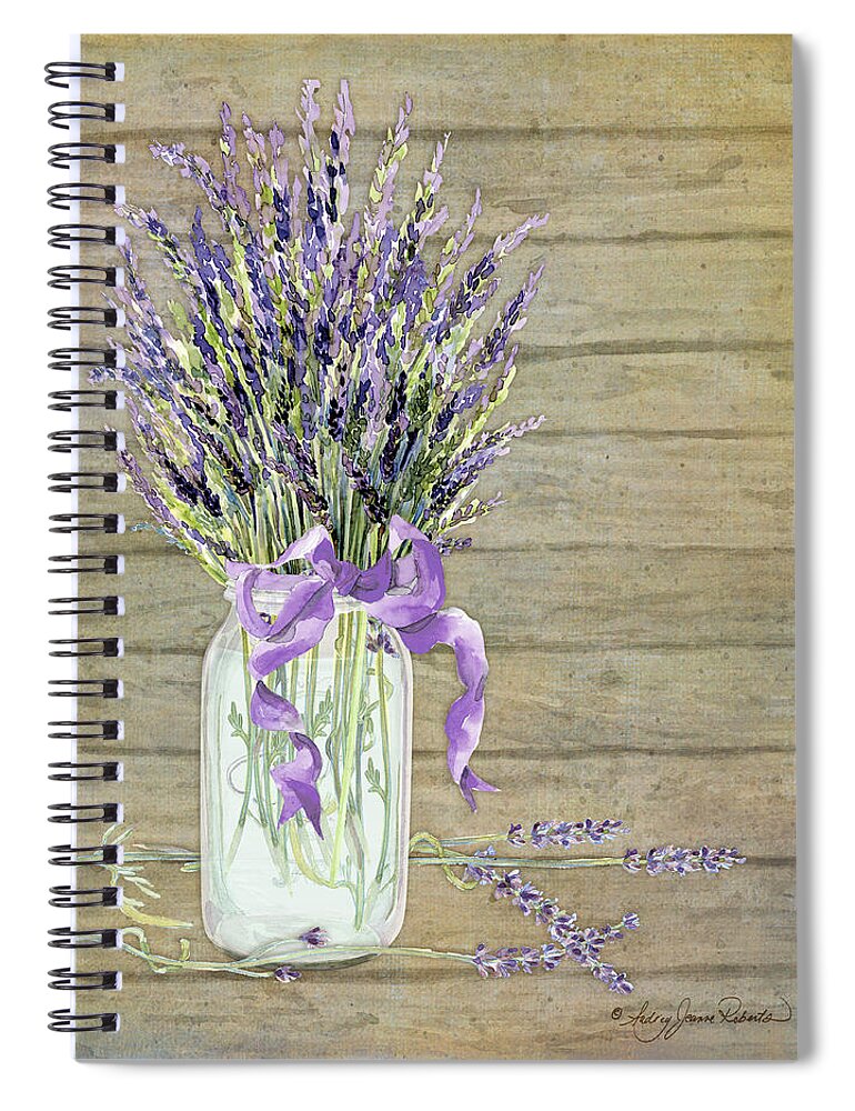 Watercolor Spiral Notebook featuring the painting French Lavender Rustic Country Mason Jar Bouquet on Wooden Fence by Audrey Jeanne Roberts