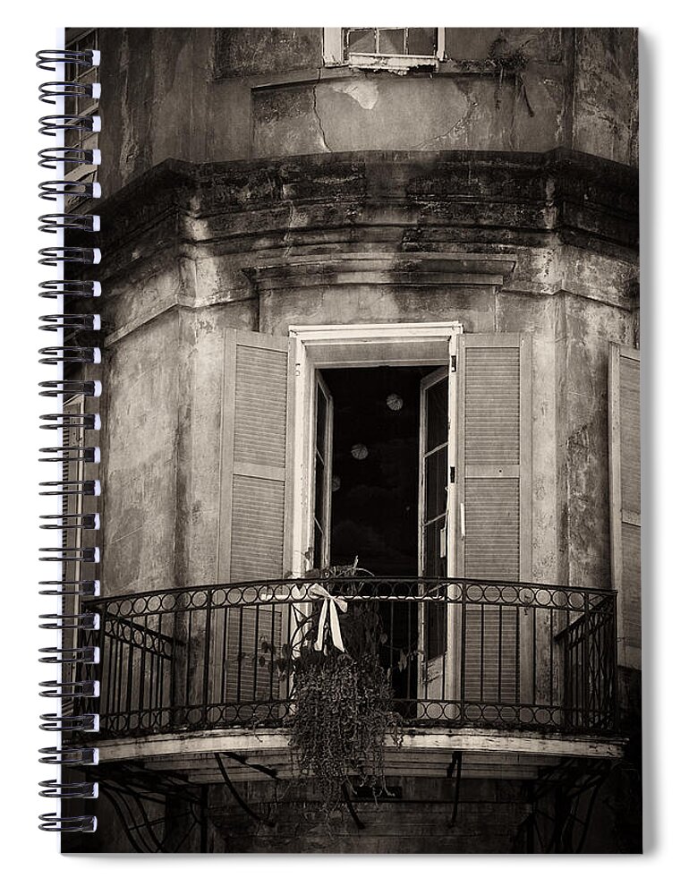 French Quarter Spiral Notebook featuring the photograph French Quarter Balcony in Black and White by Greg and Chrystal Mimbs