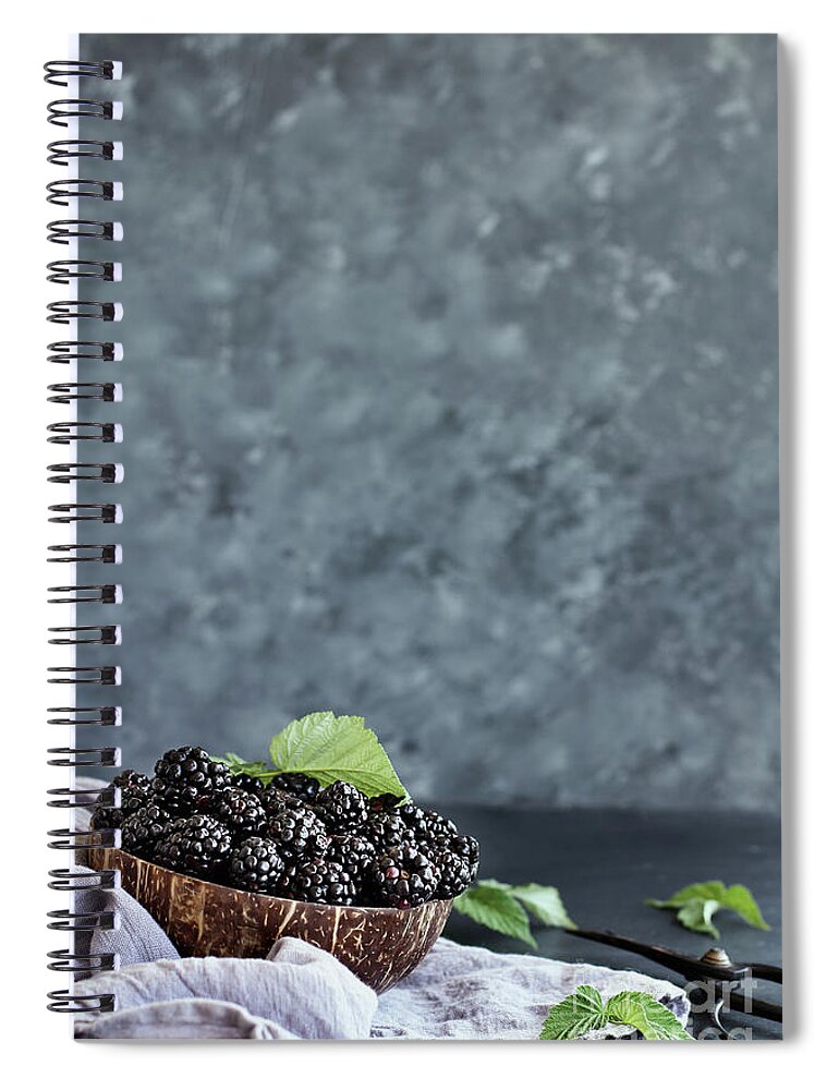Blackberries Spiral Notebook featuring the photograph Fresh Blackberries in Coconut Bowl by Stephanie Frey