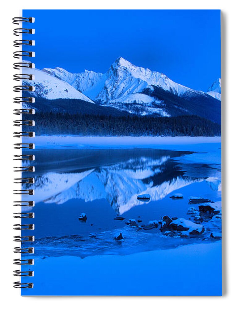 Maligne Lake Spiral Notebook featuring the photograph Frigid Winter Evening At Maligne Lake by Adam Jewell