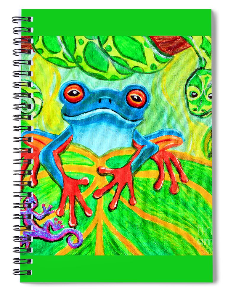 Frog Art Spiral Notebook featuring the painting Frog Snake and Gecko in the Rainforest by Nick Gustafson