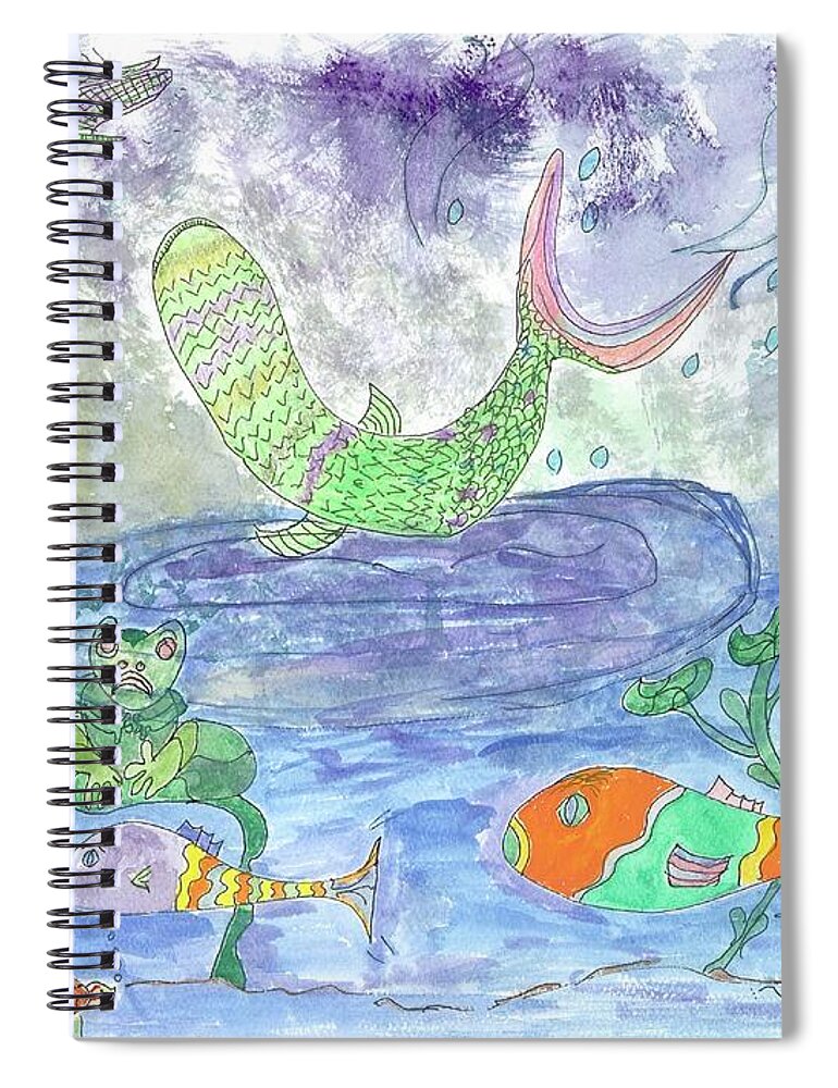 Fish Jumping Spiral Notebook featuring the painting Froggy Delight and Fly Fishing by Helen Holden-Gladsky