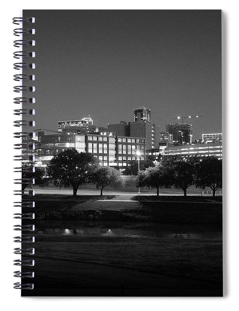 Pioneers Spiral Notebook featuring the photograph Ft. Worth Texas Skyline Dusk Black and White by Greg Kopriva