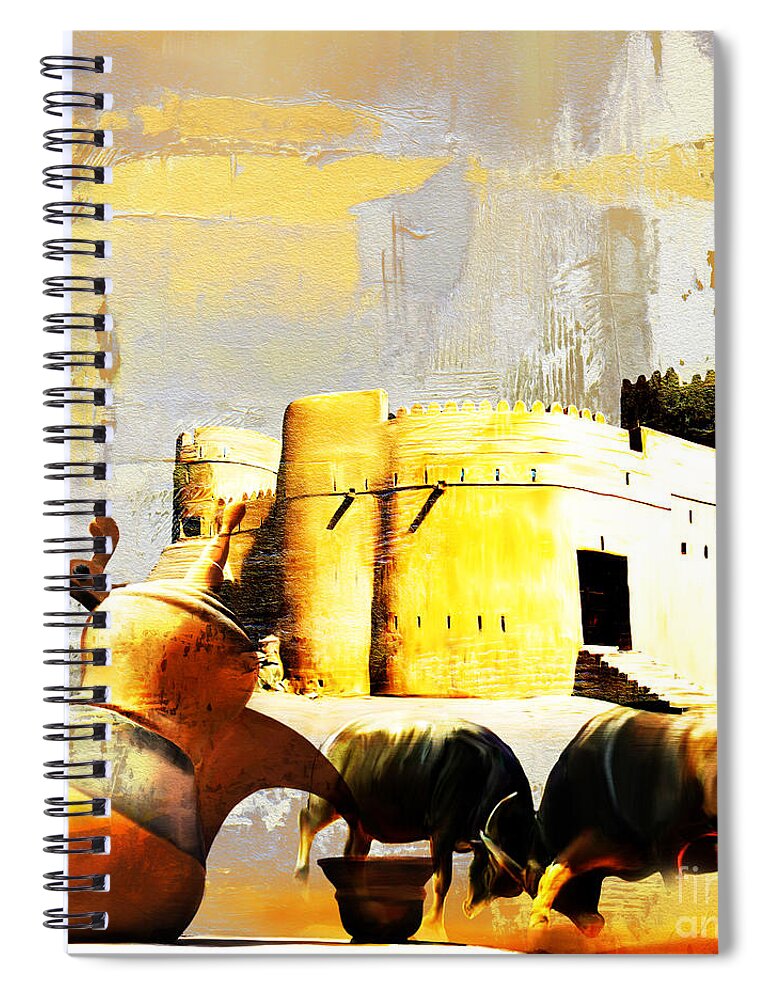 Fujairah Historic Fort Spiral Notebook featuring the painting Fujairah Historic Fort by Gull G