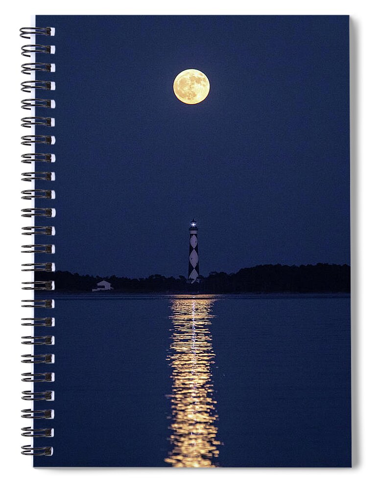 Photosbymch Spiral Notebook featuring the photograph Full Moon over Cape Lookout Light by M C Hood