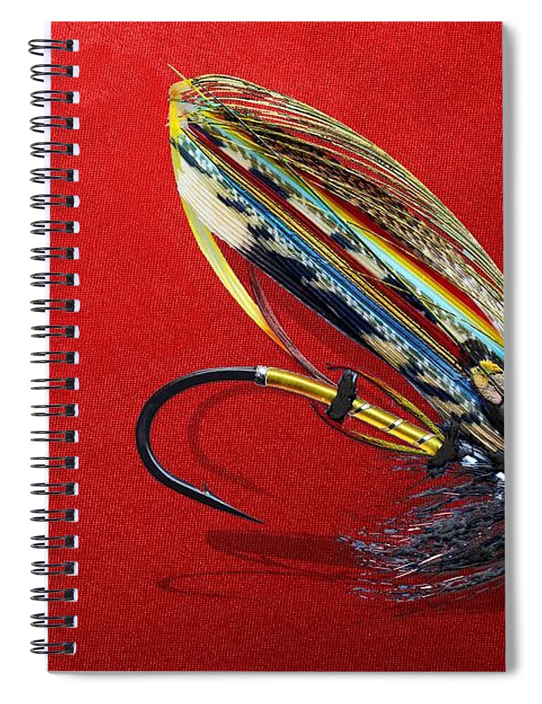 Fishing Corner Collection By Serge Averbukh Spiral Notebook featuring the photograph Fully Dressed Salmon Fly on Red by Serge Averbukh