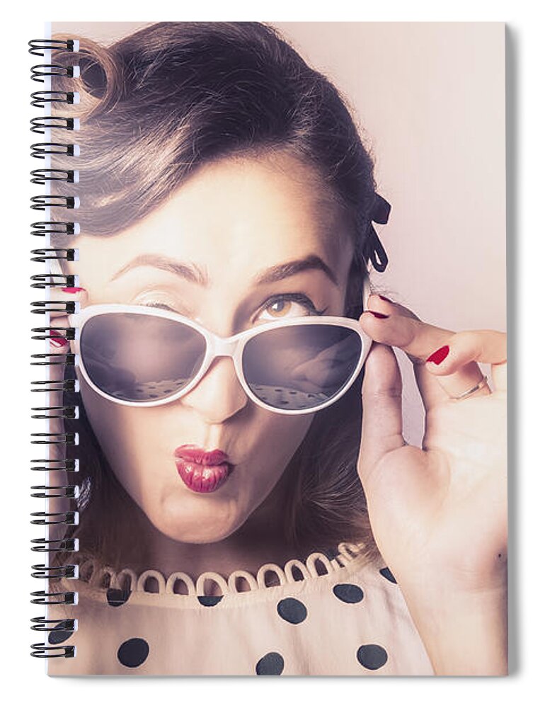 Sunglasses Spiral Notebook featuring the photograph Fun comical retro fashion portrait. Pin-up pout by Jorgo Photography