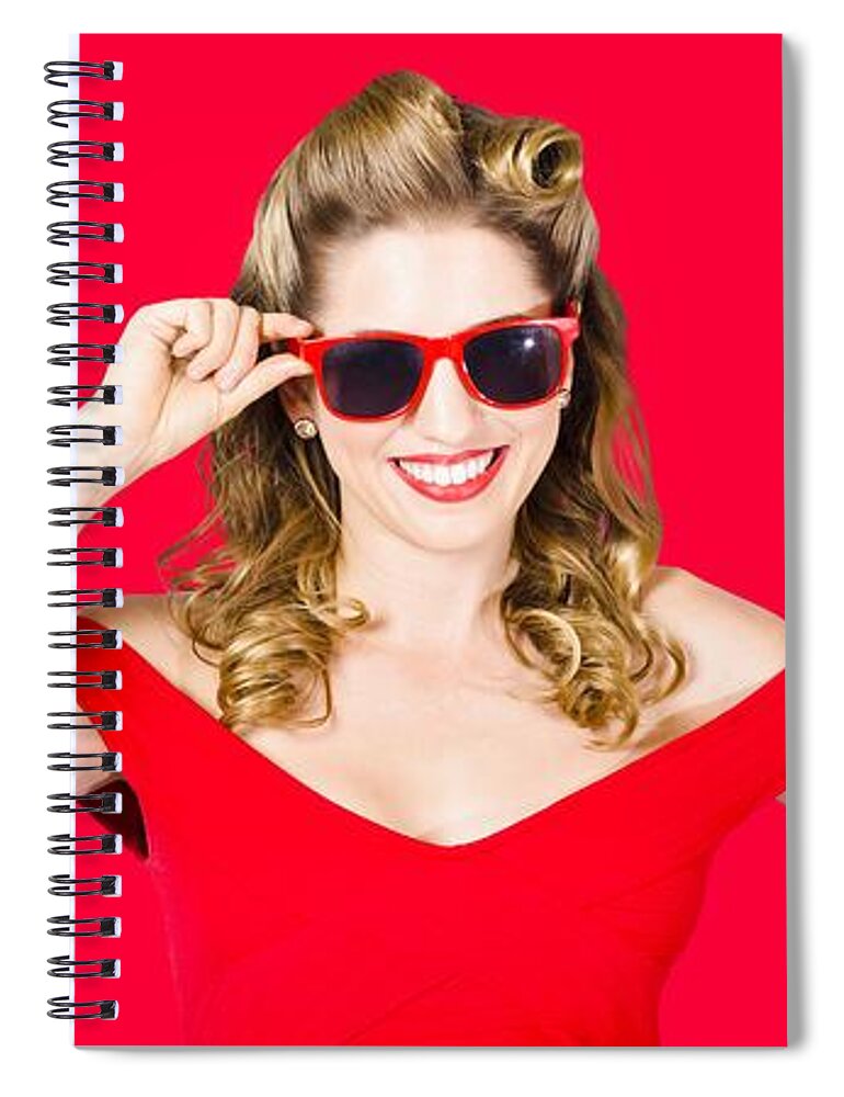 Fashion Spiral Notebook featuring the photograph Funky hip pin-up blonde in summer sunglasses by Jorgo Photography