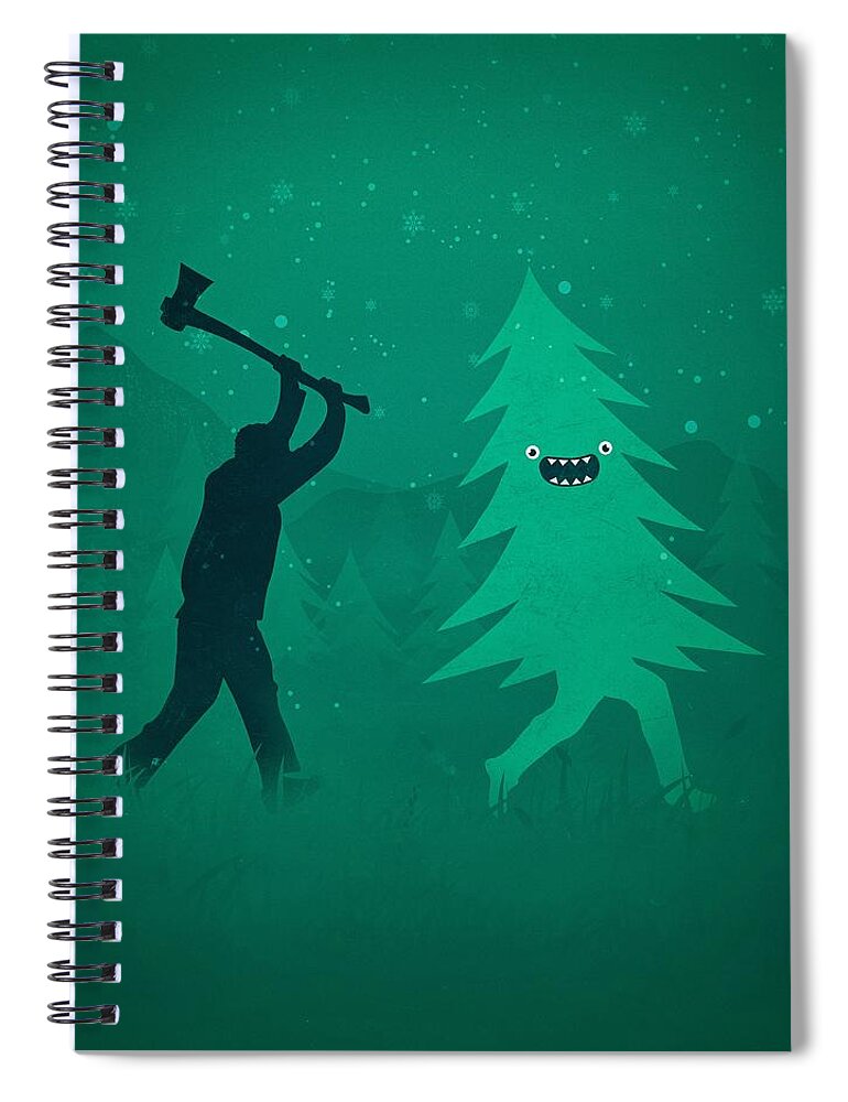 #faaAdWordsBest Spiral Notebook featuring the digital art Funny Cartoon Christmas tree is chased by Lumberjack Run Forrest Run by Philipp Rietz