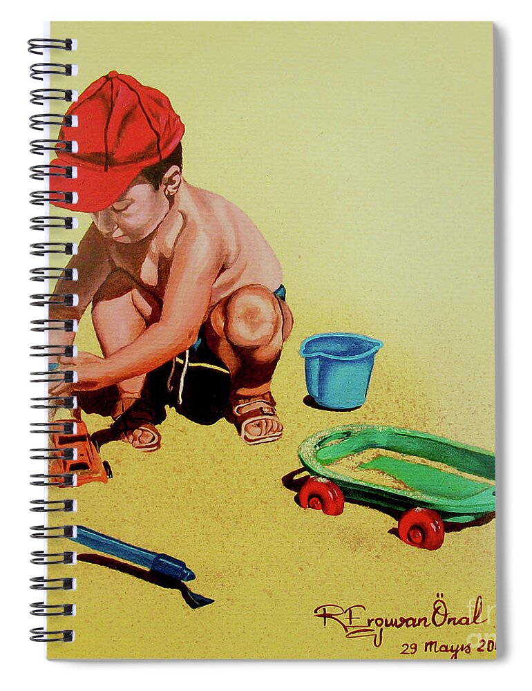 Beach Spiral Notebook featuring the painting Game at the beach - Juego en la playa by Rezzan Erguvan-Onal
