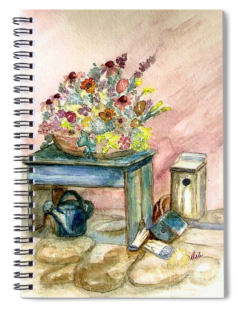 Gardening Spiral Notebook featuring the painting Garden Bench by Deb Stroh-Larson
