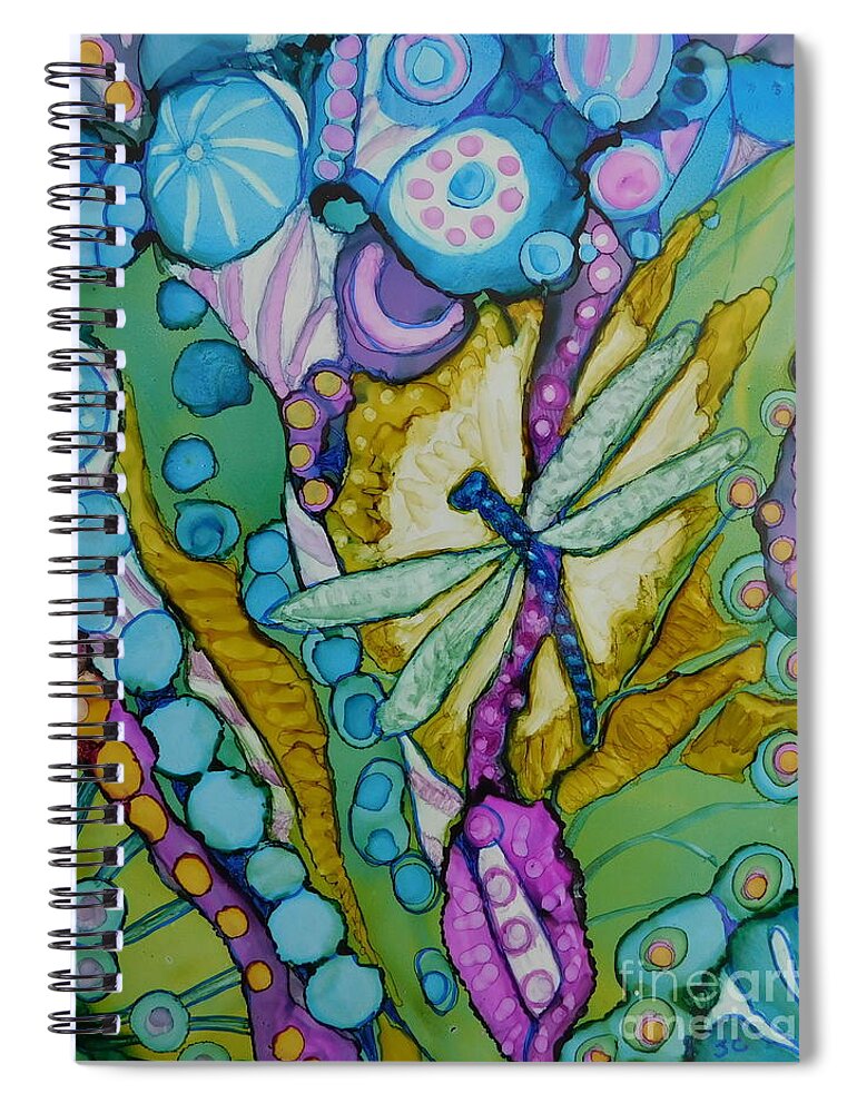 A Lone Dragon Fly Is The Star In This Fanciful Magical Garden I Painted With Vibrant Alcohol Ink Using All The Colors In The Rainbow. (comes Matted And Framed In 8 X 10 Frame.) Spiral Notebook featuring the painting Garden Jewel by Joan Clear