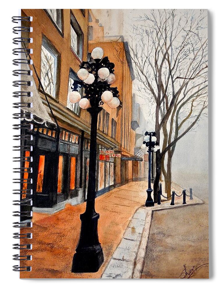 Street Scene Spiral Notebook featuring the painting Gastown, Vancouver by Sher Nasser