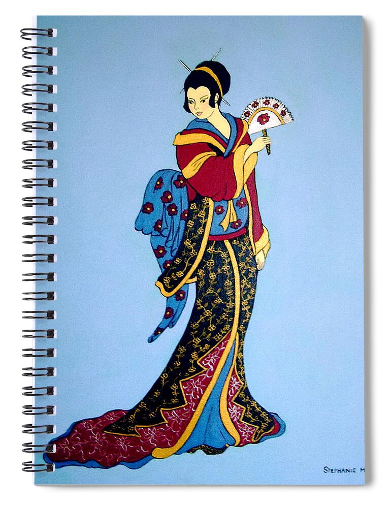 Geisha Spiral Notebook featuring the painting Geisha with fan by Stephanie Moore