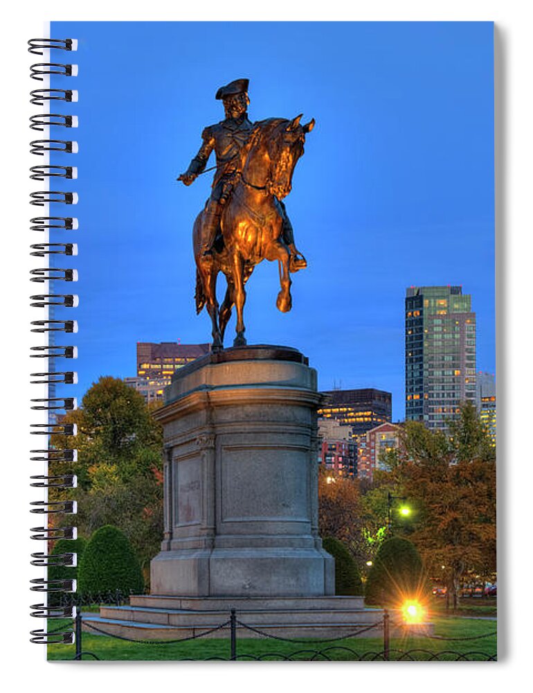 Boston Spiral Notebook featuring the photograph George Washington Statue - Boston Public Garden at Night by Joann Vitali