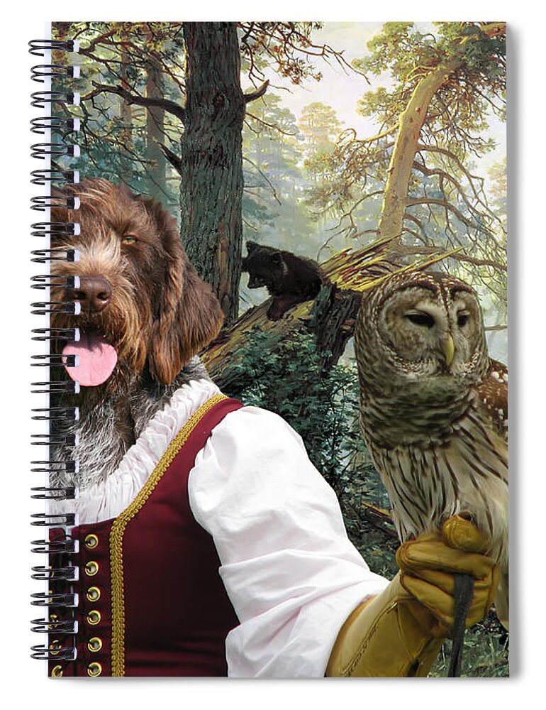 German Wirehaired Pointer Spiral Notebook featuring the painting German Wirehaired Pointer Art Canvas Print - Lady Owl and Little Bears by Sandra Sij