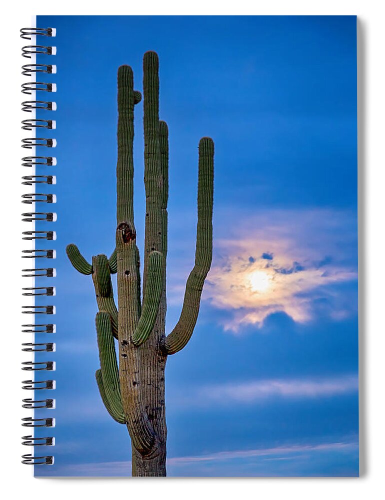 Weather Spiral Notebook featuring the photograph Giant Saguaro Cactus Golden Cloudy Full Moonset by James BO Insogna