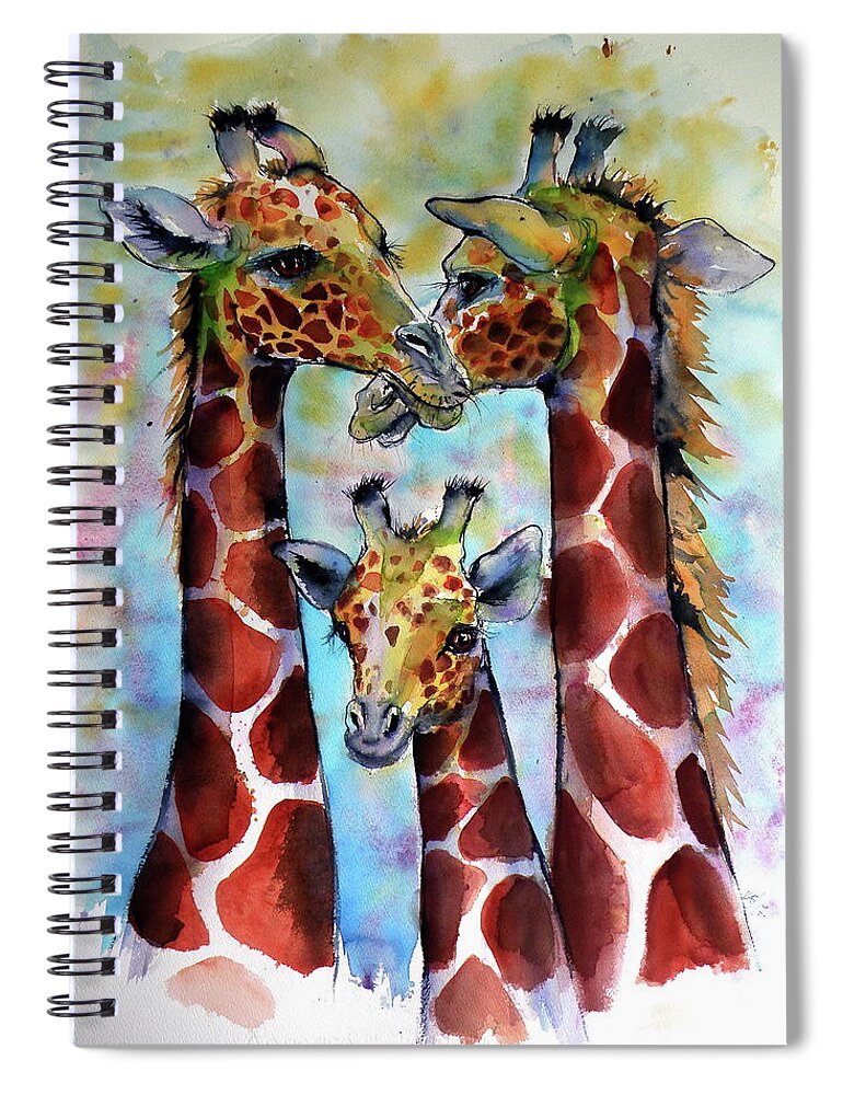 Giraffe Spiral Notebook featuring the painting Giraffe family by Kovacs Anna Brigitta