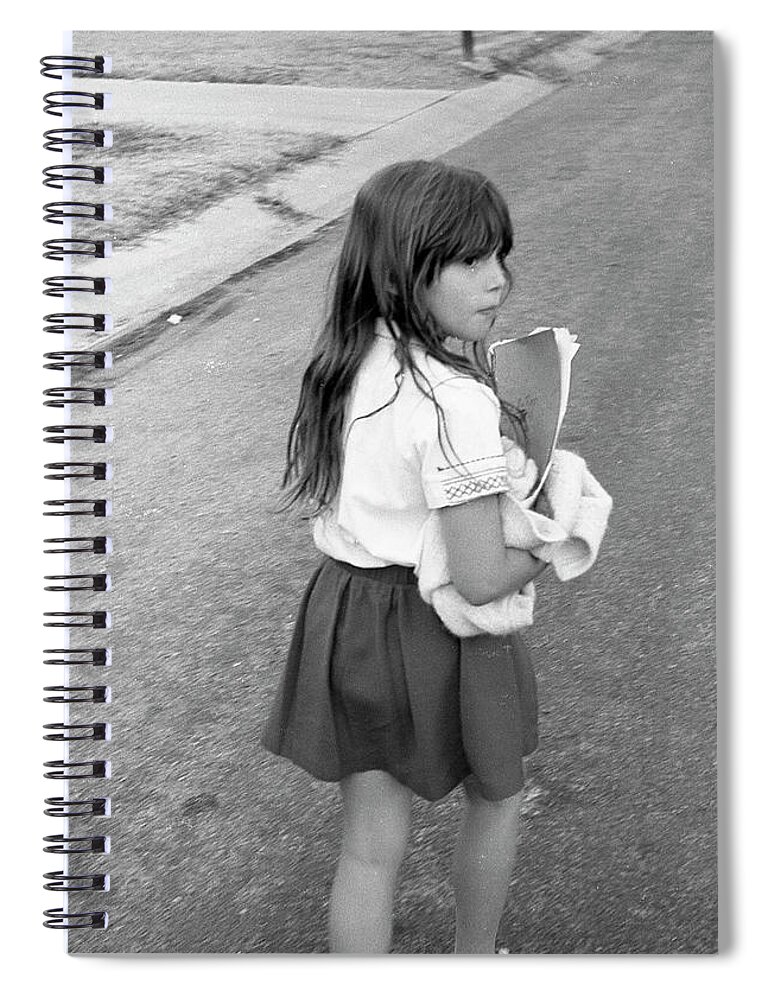 School Spiral Notebook featuring the photograph Girl Returns Home from School, 1971 by Jeremy Butler