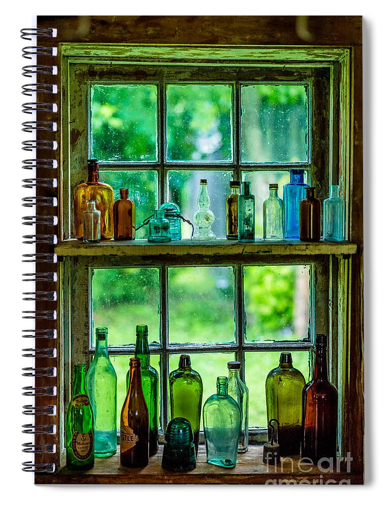 Glass Bottles In Window Spiral Notebook featuring the photograph Glass Bottles in a Window by M G Whittingham