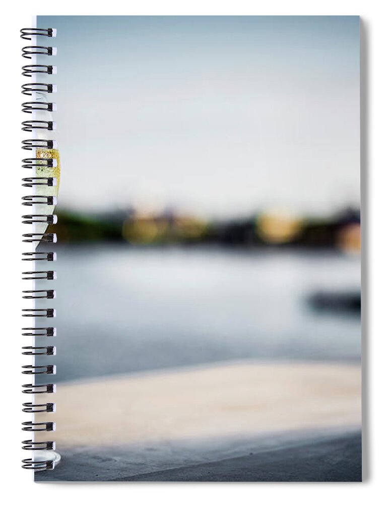 Alcohol Spiral Notebook featuring the photograph Glass Of Champagne At Modern Outdoor Bar At Sunset by JM Travel Photography