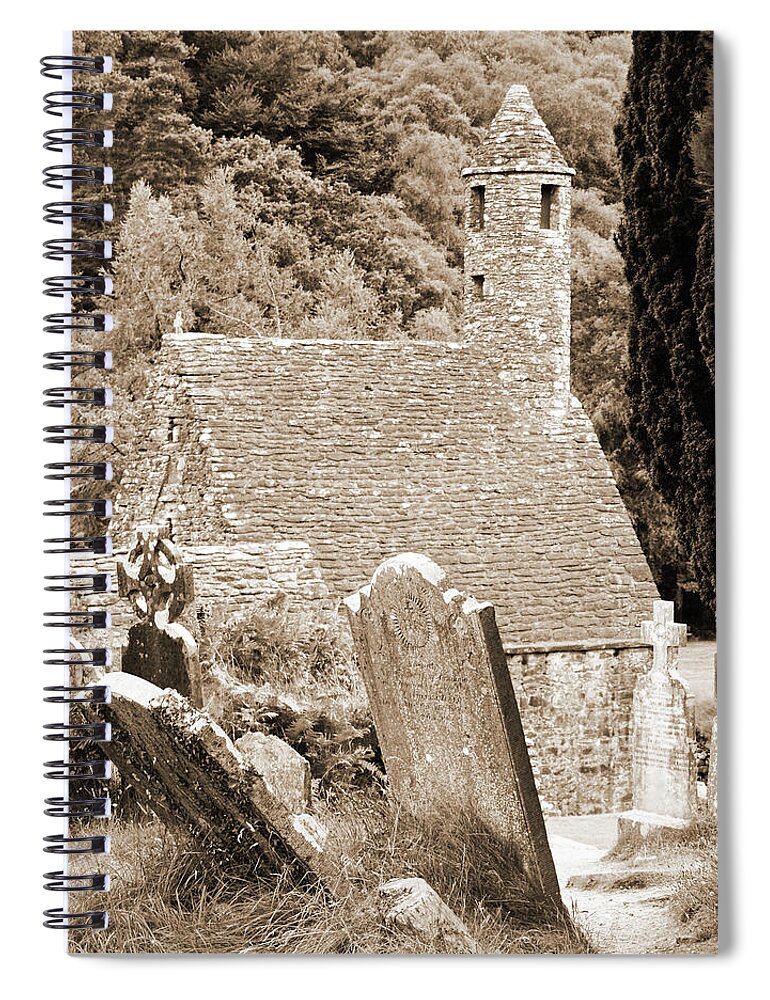 Glendalough Spiral Notebook featuring the photograph Glendalough Ireland St Kevins Church Behind Headstones Wicklow Mountains Sepia by Shawn O'Brien