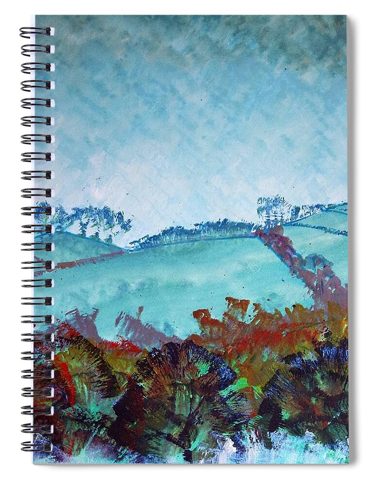 Gloomy Spiral Notebook featuring the painting Gloomy overcast cloudy day Devon rolling hills by Mike Jory
