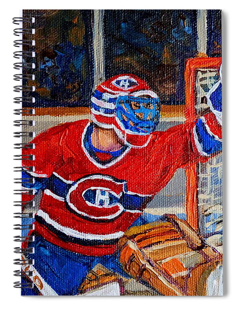 Hockey Spiral Notebook featuring the painting Goalie Makes The Save Stanley Cup Playoffs by Carole Spandau